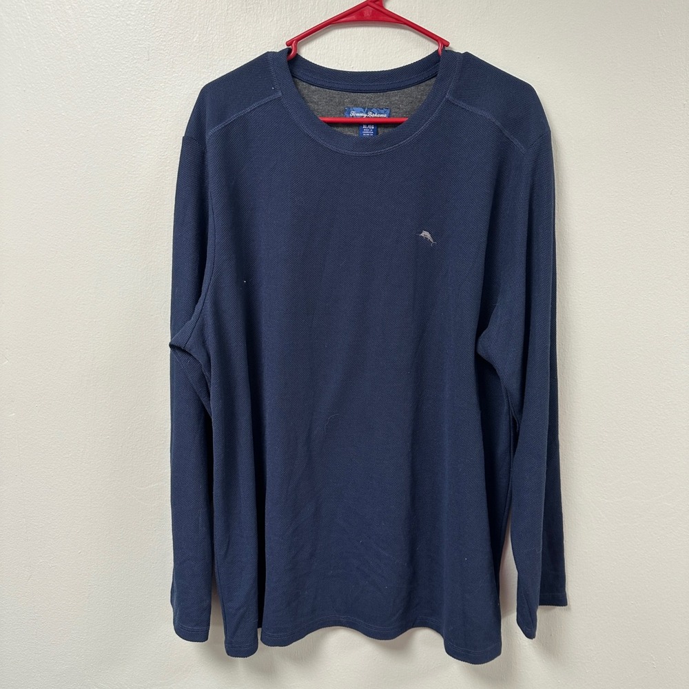 Tommy Bahama Mens XL Navy Waffle Knit Long Sleeve Marlin Logo Pullover Shirt